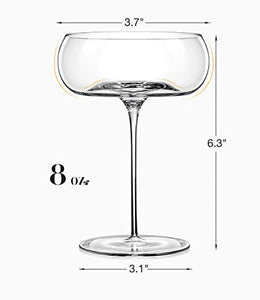 Unique Coupe Glasses | Set of 4 | 8 oz | Hand-Blown Crystal Round Martini Glasses | Art Deco Cocktail Glasses Set for Pisco Sour, Champagne | Vintage Champagne Coupe | Unique Cocktail Glassware