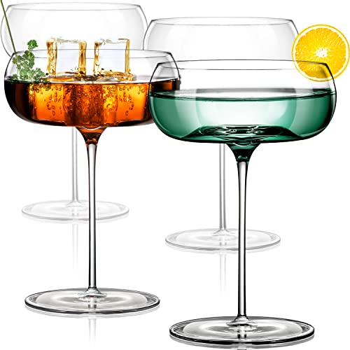 Unique Coupe Glasses | Set of 4 | 8 oz | Hand-Blown Crystal Round Martini Glasses | Art Deco Cocktail Glasses Set for Pisco Sour, Champagne | Vintage Champagne Coupe | Unique Cocktail Glassware