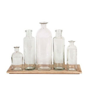 Vintage Bottle Vases on Wood Tray