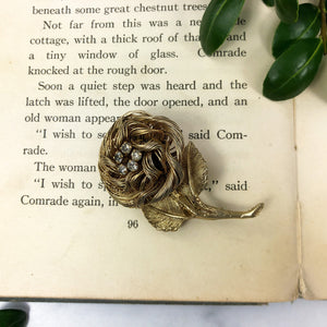 Gold Rose Brooch - Vintage Pin - Mid Century Jewelry