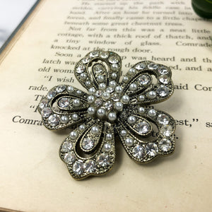 Large Flower Brooch - Pearl and Rhinestone - Costume Jewelry